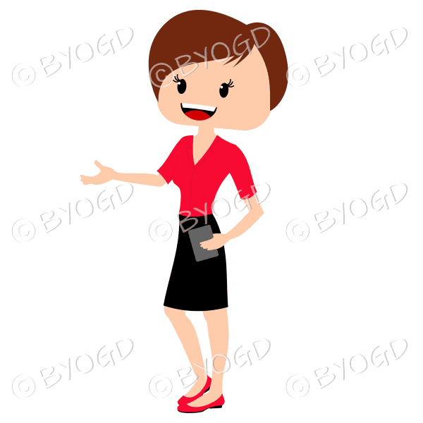 Business woman with short brown hair wearing smart red and black outfit and hand extended