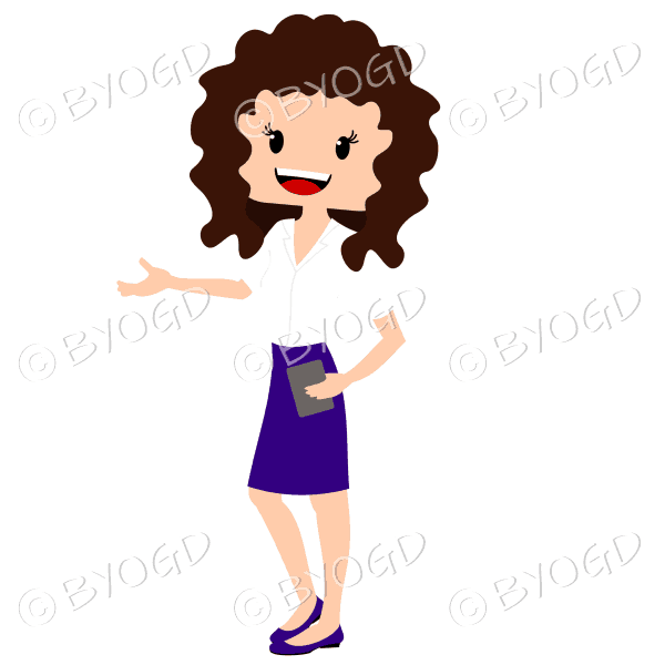 Business woman with dark curly hair wearing smart white and purple outfit and hand extended