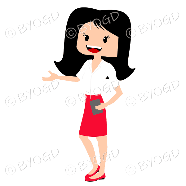 Business woman with long dark/black hair wearing smart white and red outfit and hand extended