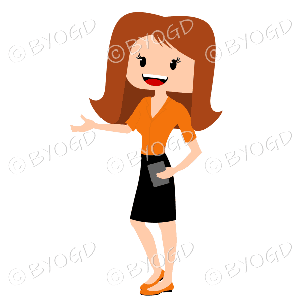 Business woman with long red/ginger hair wearing smart orange and black outfit and hand extended