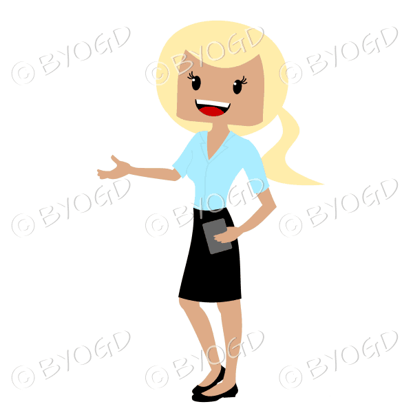 Business woman with blonde hair in ponytail wearing smart black and light blue outfit and hand extended