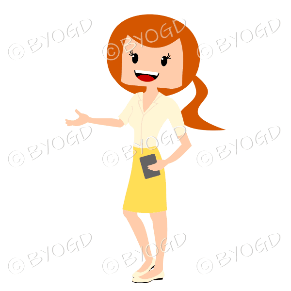 Business woman with red/ginger hair in ponytail wearing smart wearing yellow outfit and hand extended