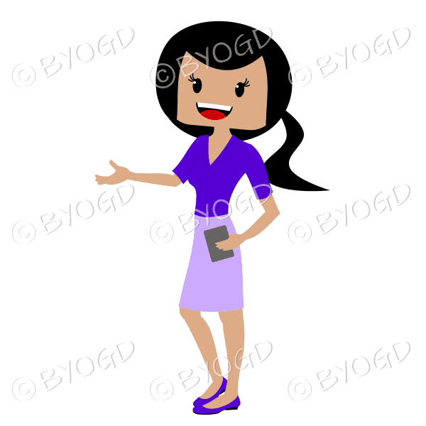 Business woman with dark/black hair in ponytail wearing smart purple outfit and hand extended
