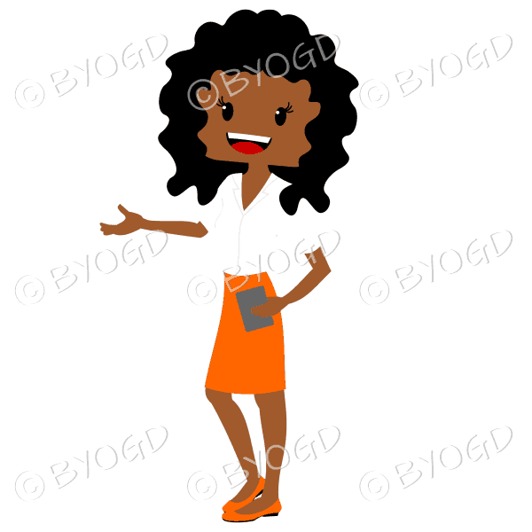 Business woman with curly dark/black hair wearing smart white and orange outfit and hand extended