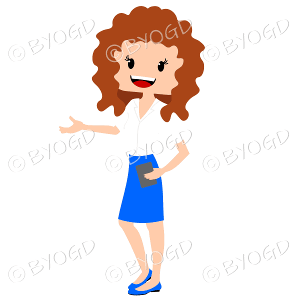 Business woman with curly brown/auburn hair wearing smart white and blue outfit and hand extended