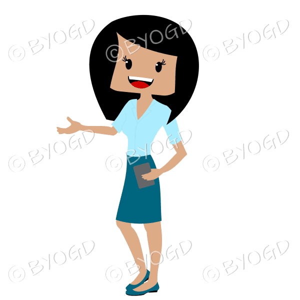 Business woman with dark/black hair wearing smart light blue and blue outfit and hand extended
