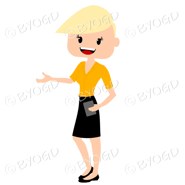 Business woman with short blonde hair wearing smart orange and black outfit and hand extended