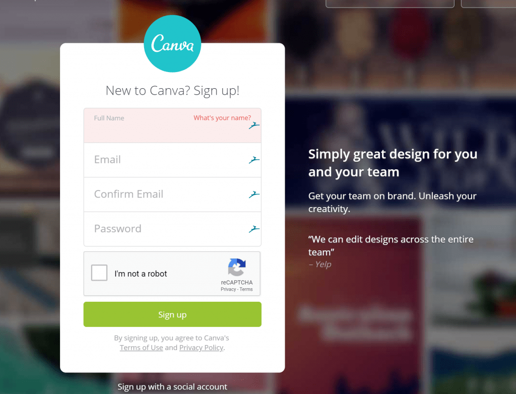 Signing up to Canva with your email address