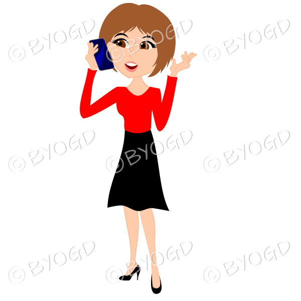 Businesswoman with brown hair talking on cell/mobile phone in red