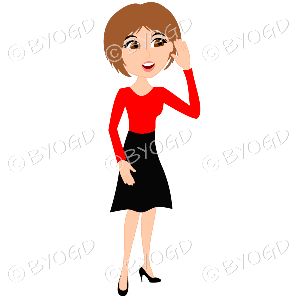 Businesswoman with brown hair listening to office feedback or gossip in red