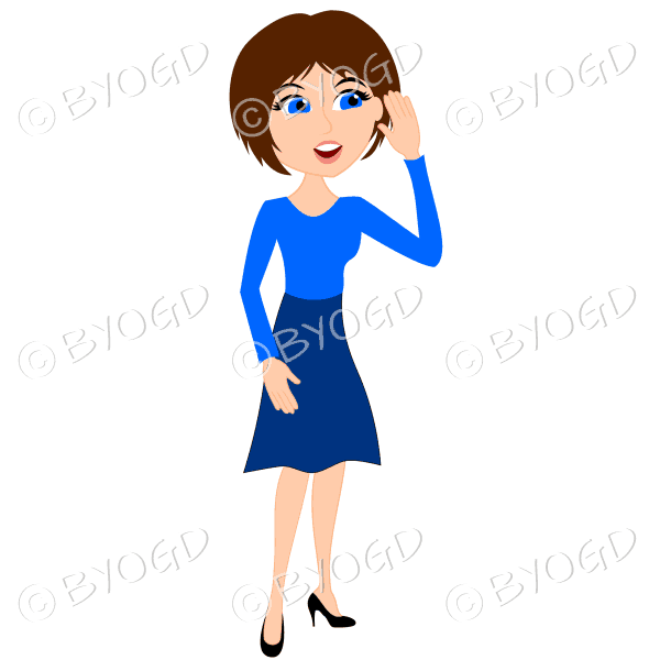 Businesswoman with dark brown hair listening to office feedback or gossip in blue