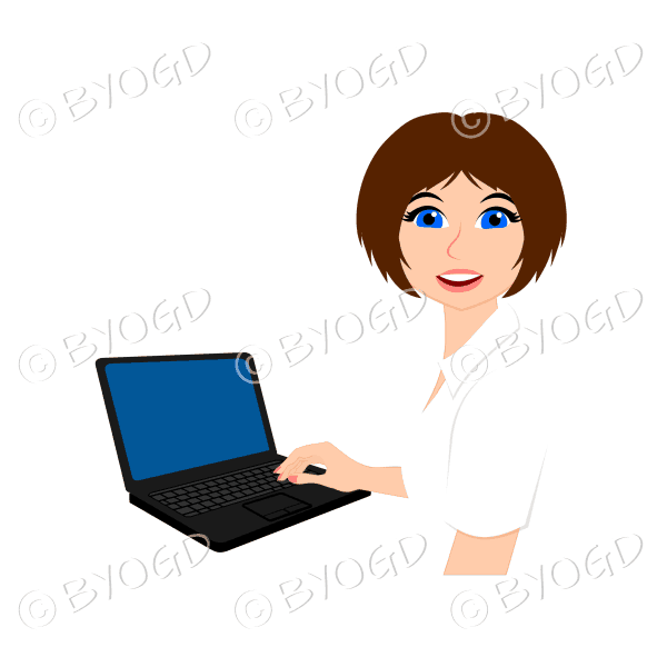 Businesswoman with dark brown hair working at laptop computer
