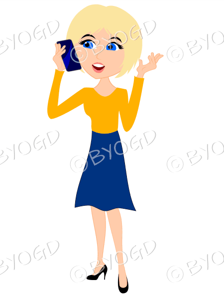Businesswoman with short blonde hair talking on cell/mobile phone in yellow and blue