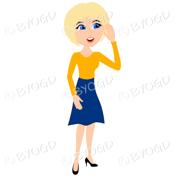 Businesswoman with short blonde hair listening to office feedback in yellow and blue