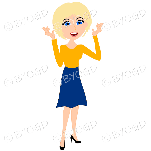 Businesswoman with short blonde hair talking in yellow and blue