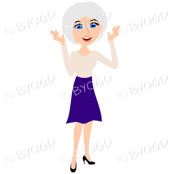 Businesswoman with short silver grey hair talking in purple