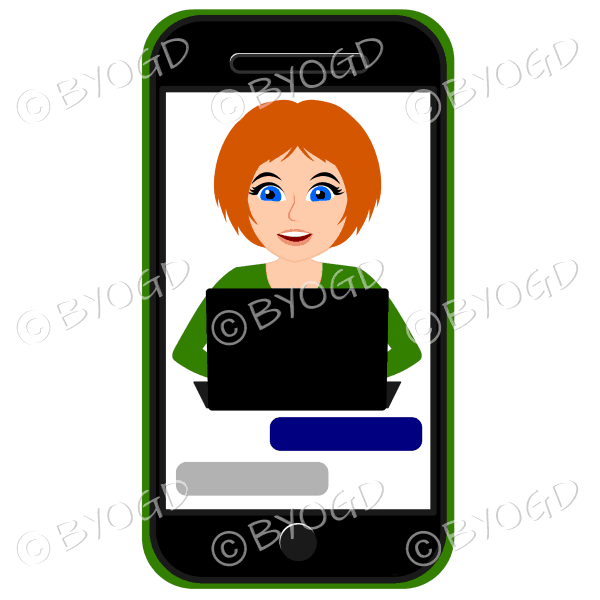 Businesswoman with short red hair working on computer framed by cell/mobile phone wearing green