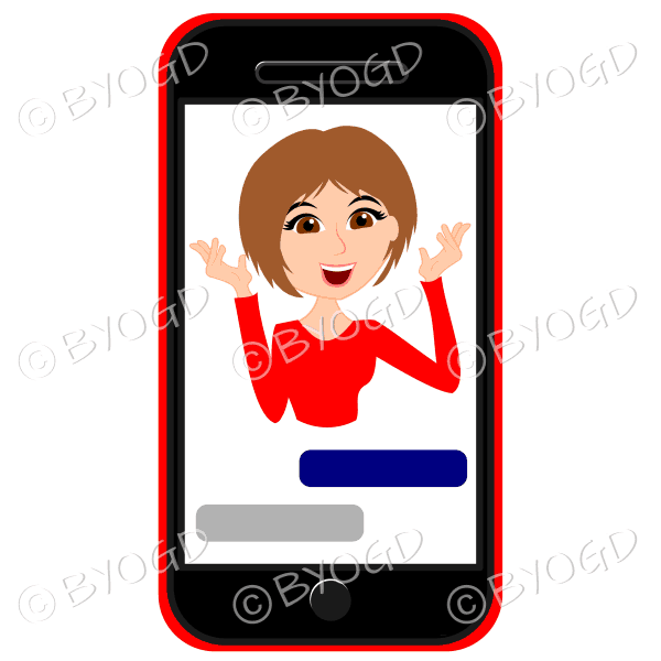 Businesswoman with short brown hair talking framed by cell/mobile phone wearing red