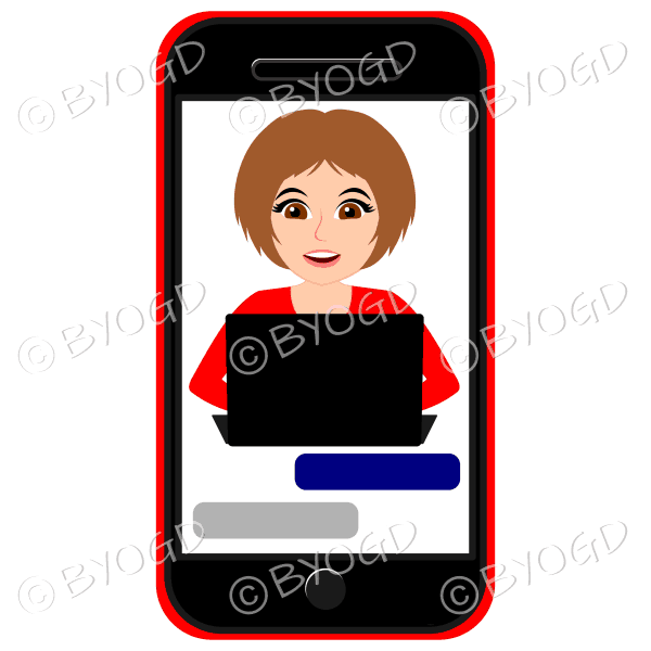 Businesswoman with short brown hair working on computer framed by cell/mobile phone wearing red