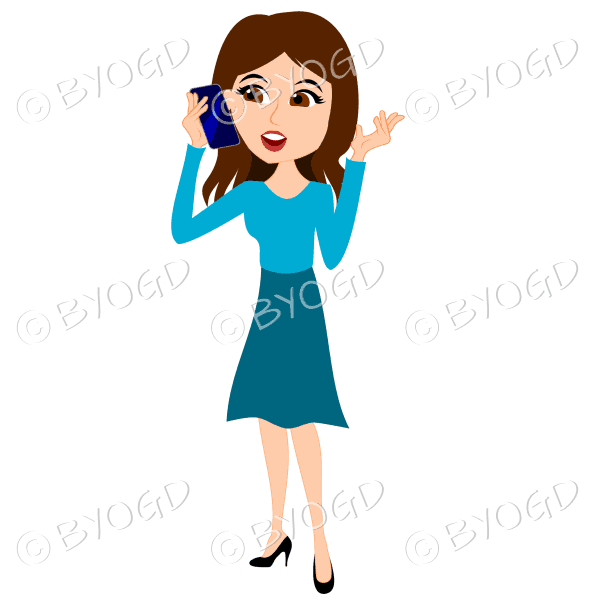 Businesswoman with long dark brown hair talking on cell/mobile phone in light blue