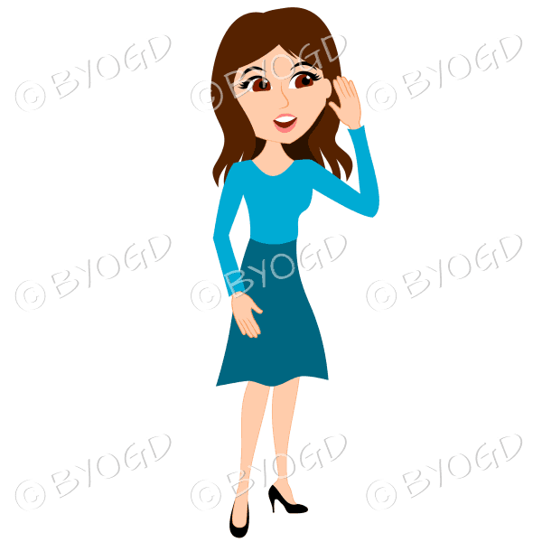 Businesswoman with long dark brown hair listening to office feedback or gossip in light blue