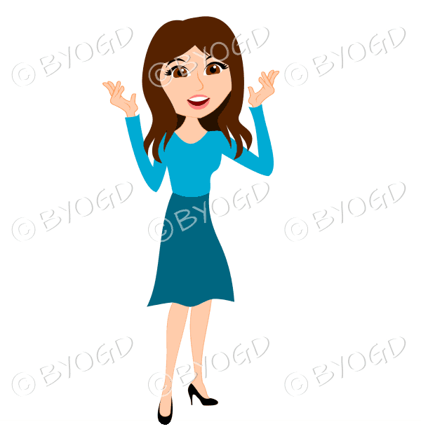 Businesswoman with long dark brown hair talking in light blue