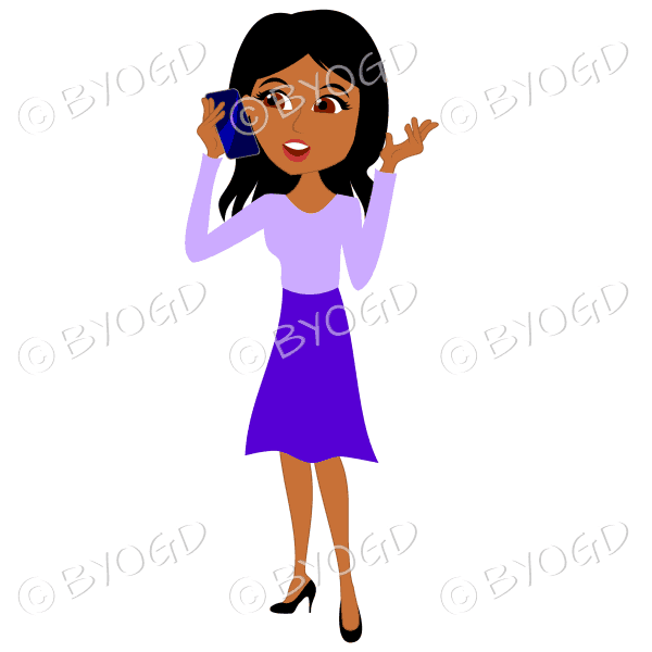 Businesswoman with long black hair talking on cell/mobile phone in purple