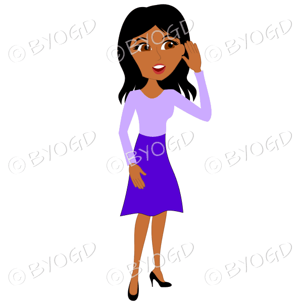 Businesswoman with long black hair listening to office feedback or gossip in purple