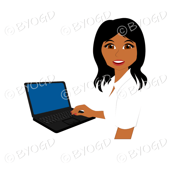 Businesswoman with long black hair working at laptop computer