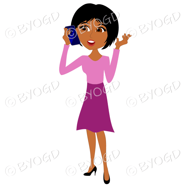 Businesswoman with short black hair talking on cell/mobile phone in pink
