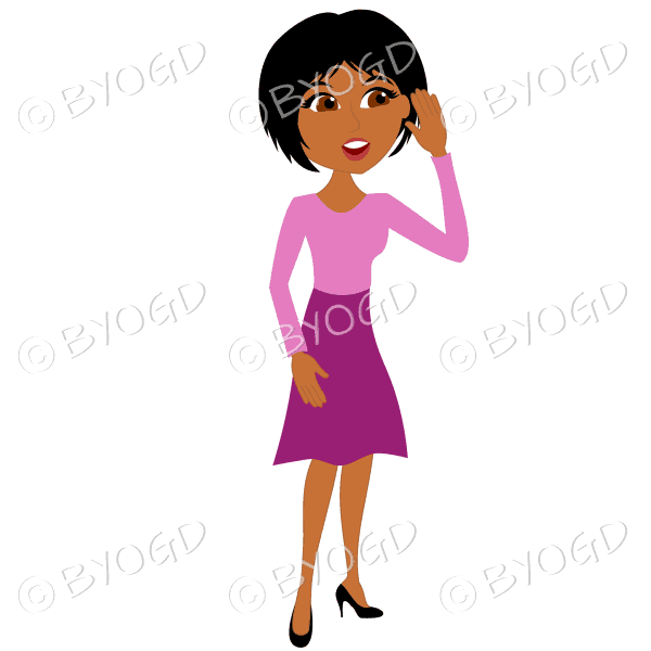 Businesswoman with short black hair listening to office feedback or gossip in pink
