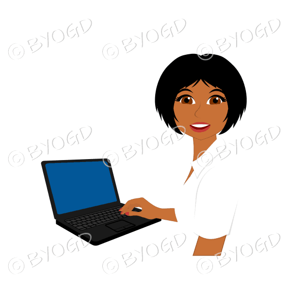 Businesswoman with short black hair working at laptop computer