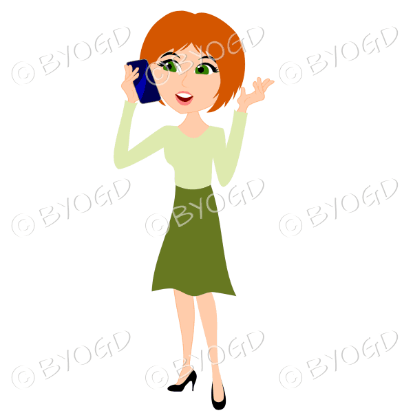 Businesswoman with short red hair talking on cell/mobile phone in green