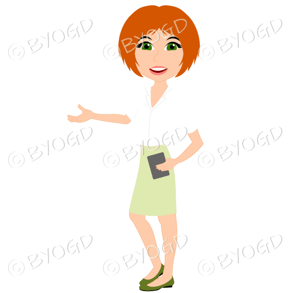 Businesswoman with short red hair demonstrating in green