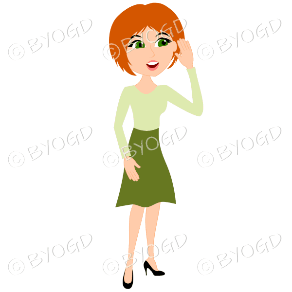 Businesswoman with short red hair listening to office feedback or gossip in green