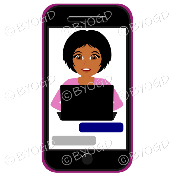 Businesswoman with short black hair working framed by cell/mobile phone wearing pink