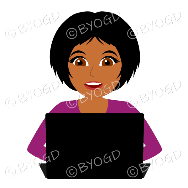 Smiling businesswoman with short black hair working at laptop computer in pink