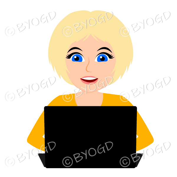 Smiling businesswoman with short blonde hair working at laptop computer in yellow