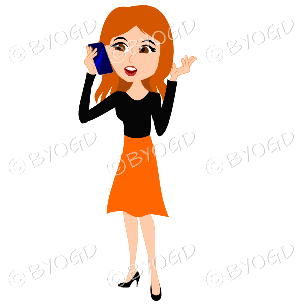 Businesswoman with long red hair talking on cell/mobile phone in orange