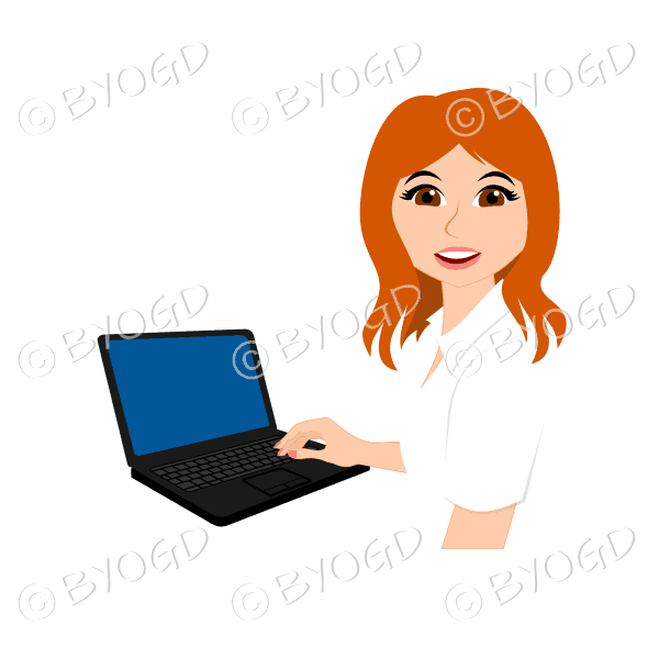 Businesswoman with long red hair working at laptop computer