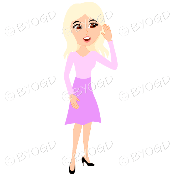 Businesswoman with long blonde hair listening to office feedback or gossip in pink