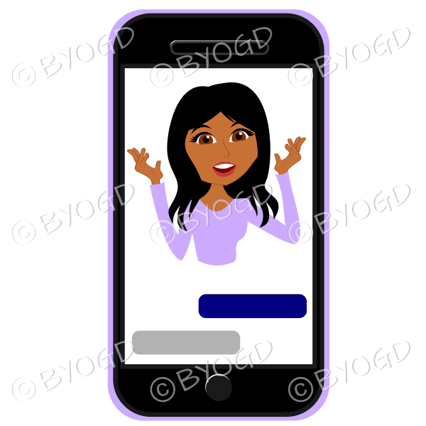 Businesswoman with long black hair talking framed by cell/mobile phone wearing purple