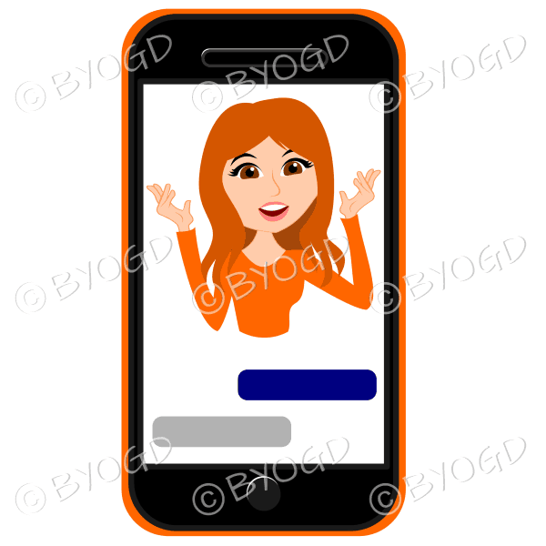 Businesswoman with long red/orange hair talking framed by cell/mobile phone in orange