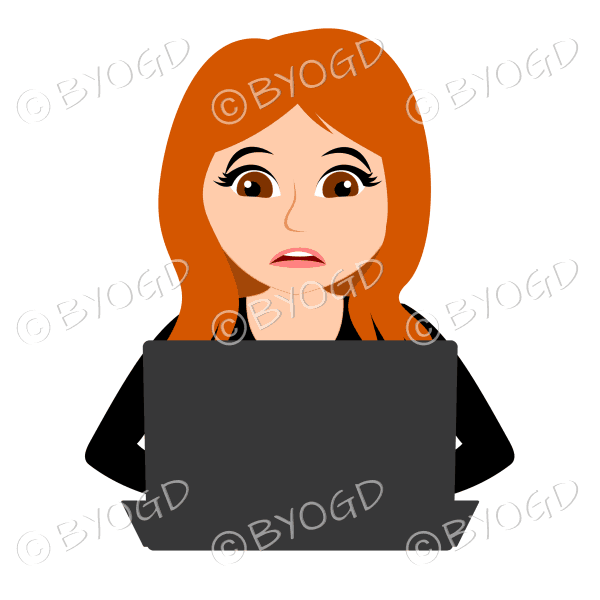 Stressed businesswoman with long red/orange hair working at laptop computer in black