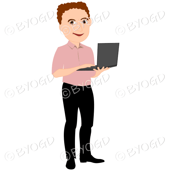 Man with brown curly hair holding laptop computer in pink shirt