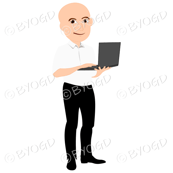Bald man holding laptop computer in white shirt