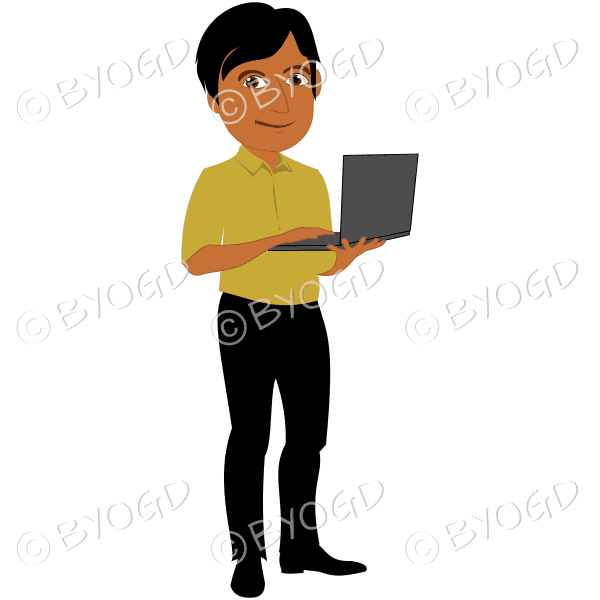 Man with dark/black hair holding laptop computer in yellow shirt
