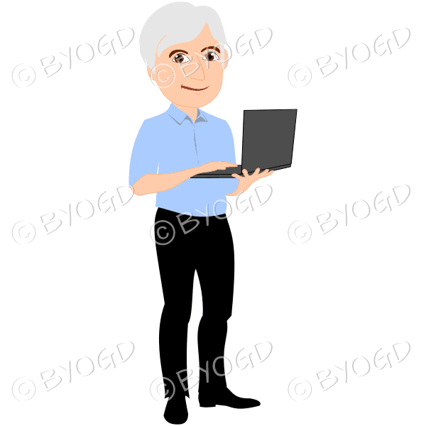 Man with silver/grey hair holding laptop computer in blue shirt