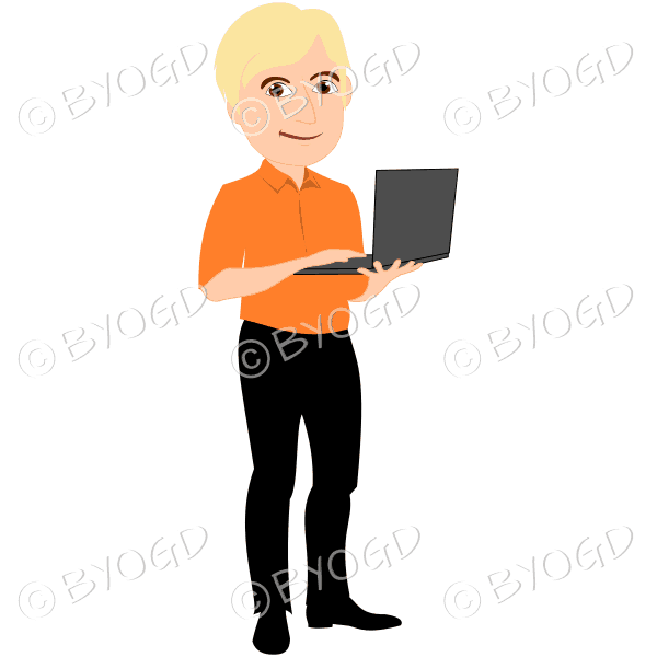 Man with blonde hair holding laptop computer in orange shirt