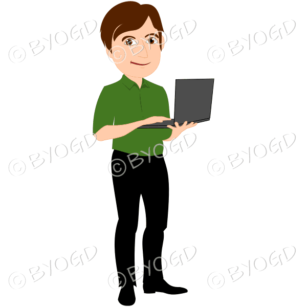 Man with brown hair holding laptop computer in green shirt